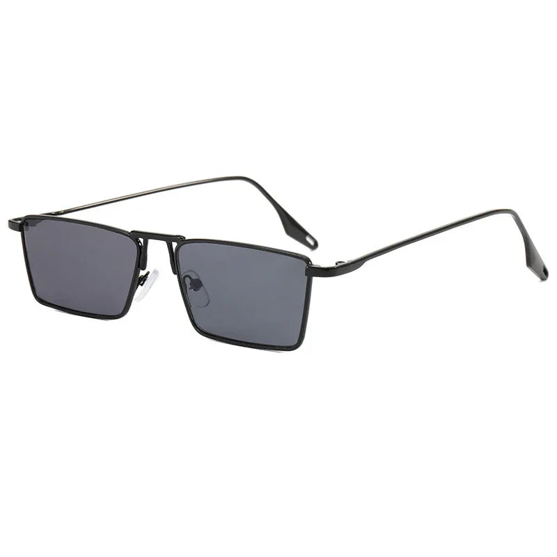 Slim black metal frame sunglasses with rectangular dark gray lenses on white background