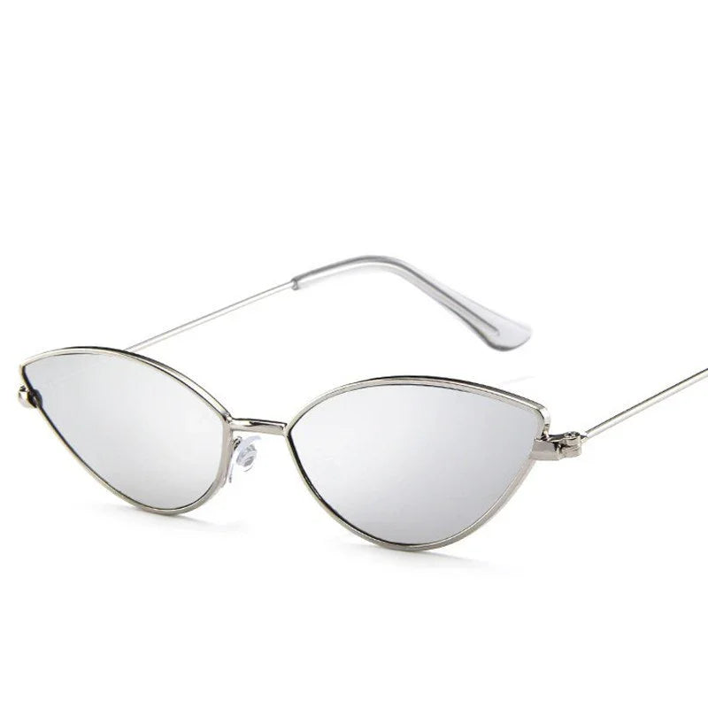 Silver cat eye sunglasses with mirrored lenses and thin metal frame on white background