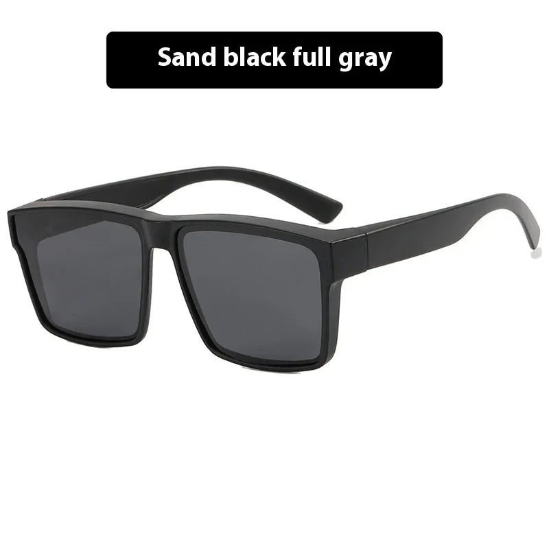Black rectangular sunglasses with full gray lenses on a white background