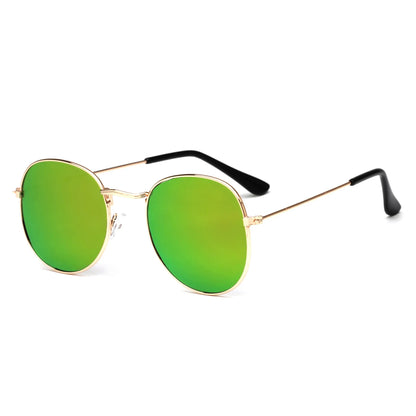 Round green mirrored sunglasses with thin gold metal frame and black temple tips
