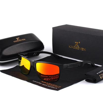 Black sports sunglasses with orange mirrored lenses displayed with protective case, box, and cleaning cloth on white background