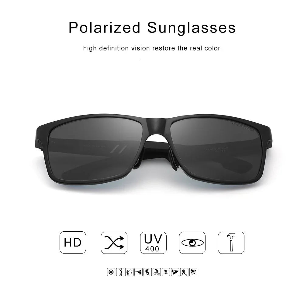 Black polarized sunglasses with rectangular dark lenses and UV400 protection icons