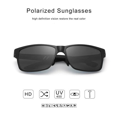 Black polarized sunglasses with rectangular dark lenses and UV400 protection icons