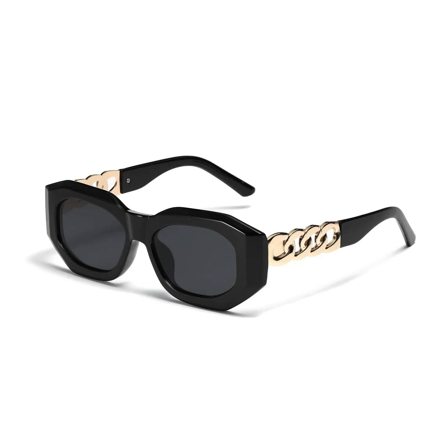 Black rectangular sunglasses with dark lenses and gold chain link detail on temples
