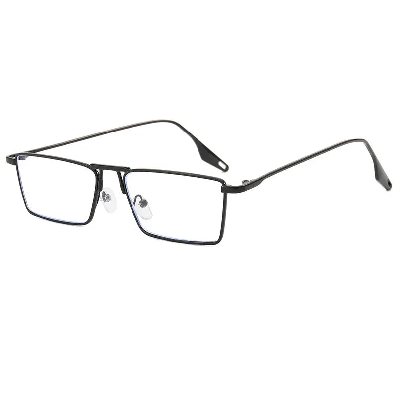 Black rectangular metal eyeglasses with adjustable nose pads and thin temples on white background