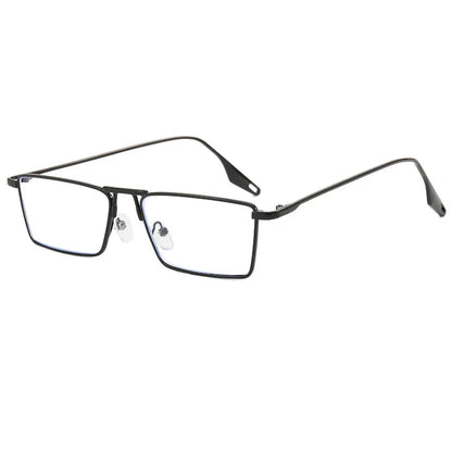 Black rectangular metal eyeglasses with adjustable nose pads and thin temples on white background