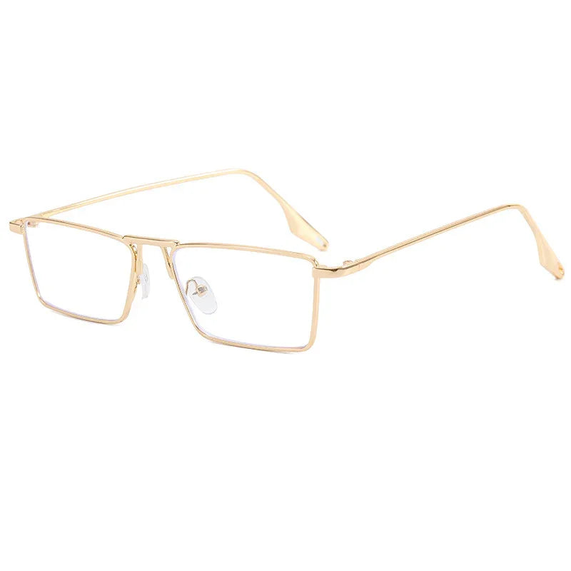 Gold metal rectangular eyeglasses with clear lenses and adjustable nose pads on white background