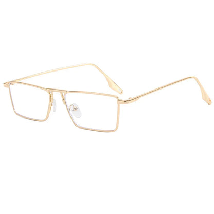 Gold metal rectangular eyeglasses with clear lenses and adjustable nose pads on white background