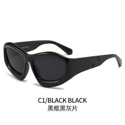 Black oval sunglasses with thick frame on white background, labeled C1/BLACK BLACK.