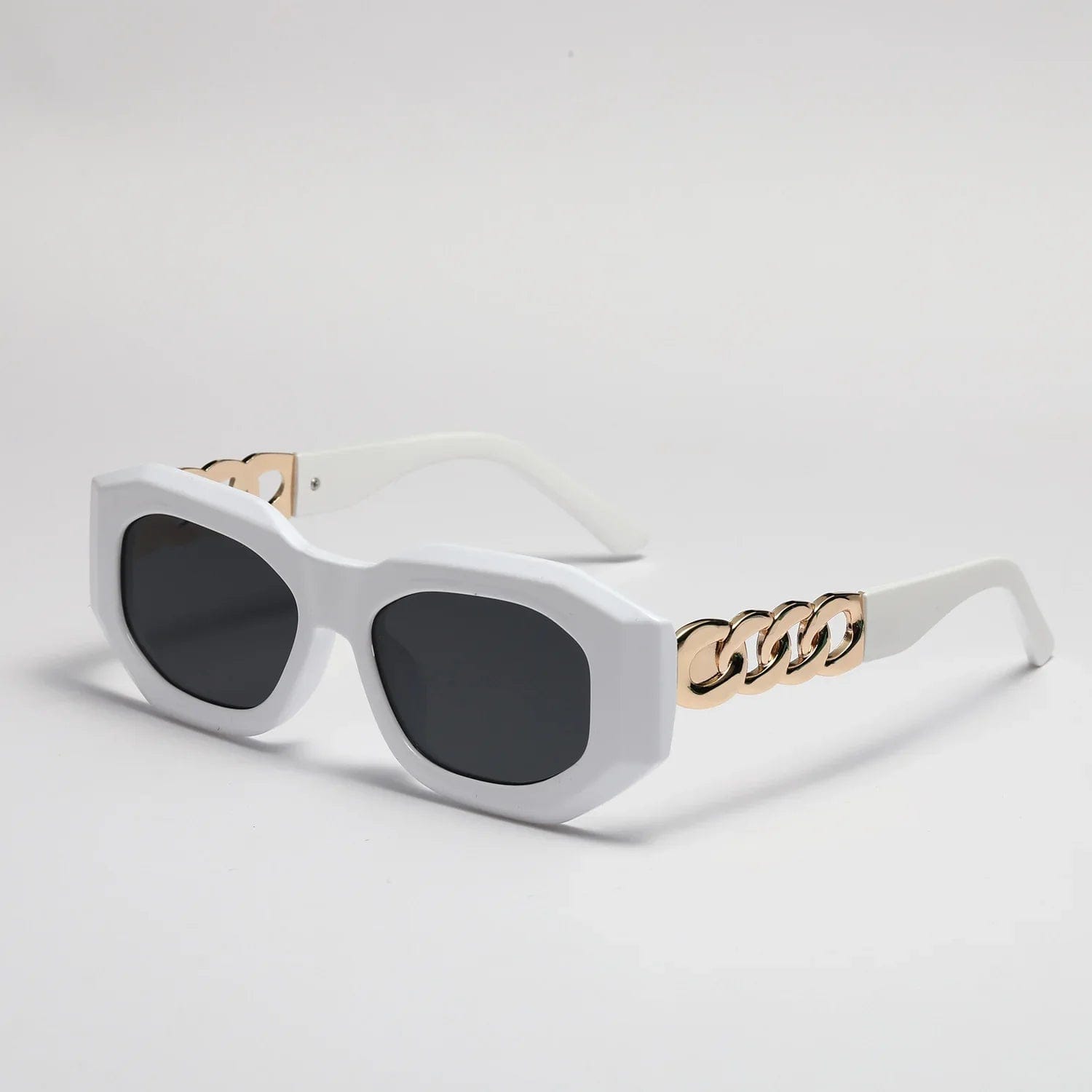 White geometric frame sunglasses with black lenses and gold chain detail on temples