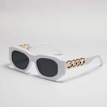 White geometric frame sunglasses with black lenses and gold chain detail on temples
