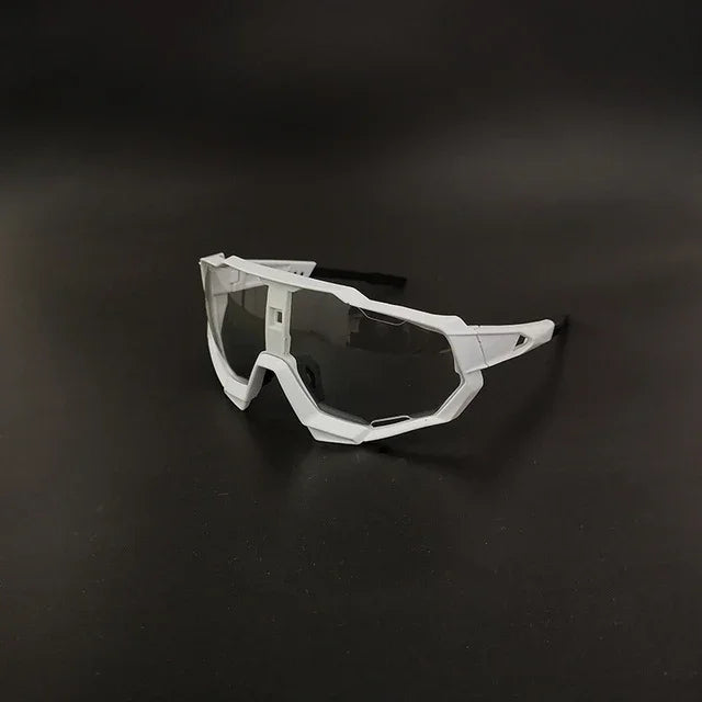 White sports sunglasses with angular frame and clear lenses on black background