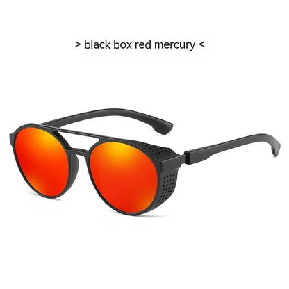 Black frame sunglasses with round red mirrored lenses and side shield ventilation