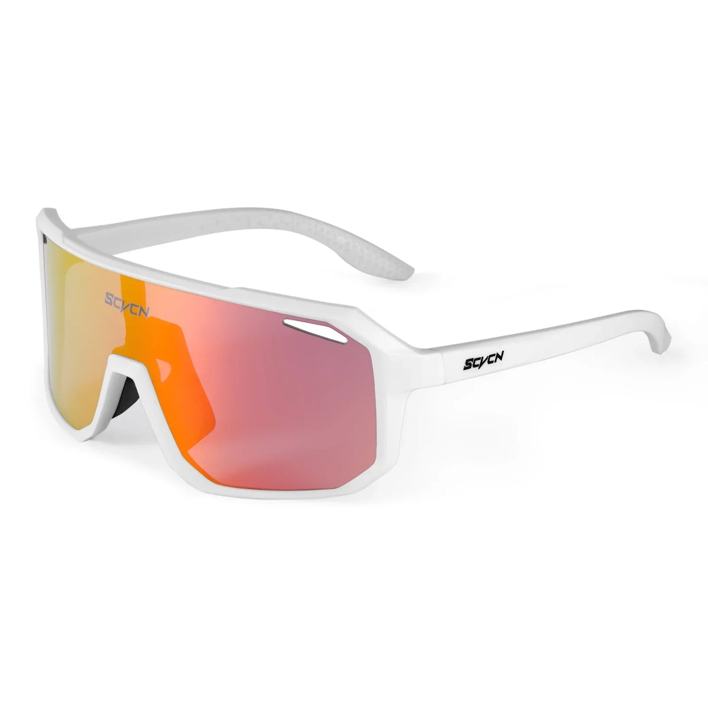 White sports sunglasses with wide orange-pink reflective lens and vented frame detail