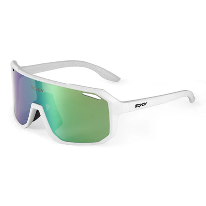 White sports sunglasses with green mirrored lens and aerodynamic wraparound design