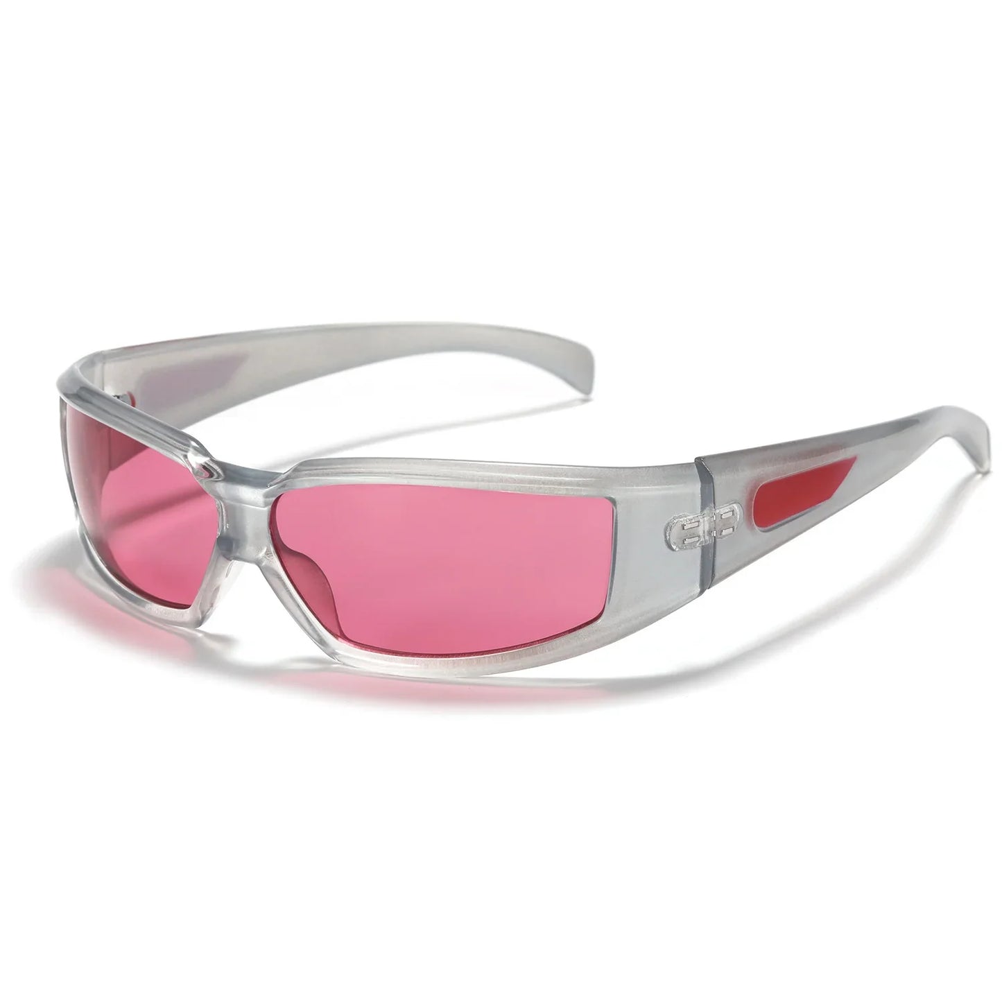 Futuristic wraparound sunglasses with translucent gray frame and pink tinted lenses