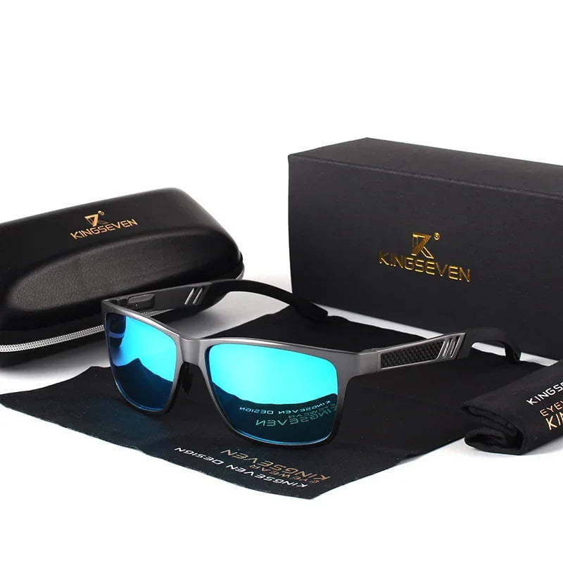 Modern rectangular sunglasses with blue mirrored lenses displayed with black protective case and box on white surface