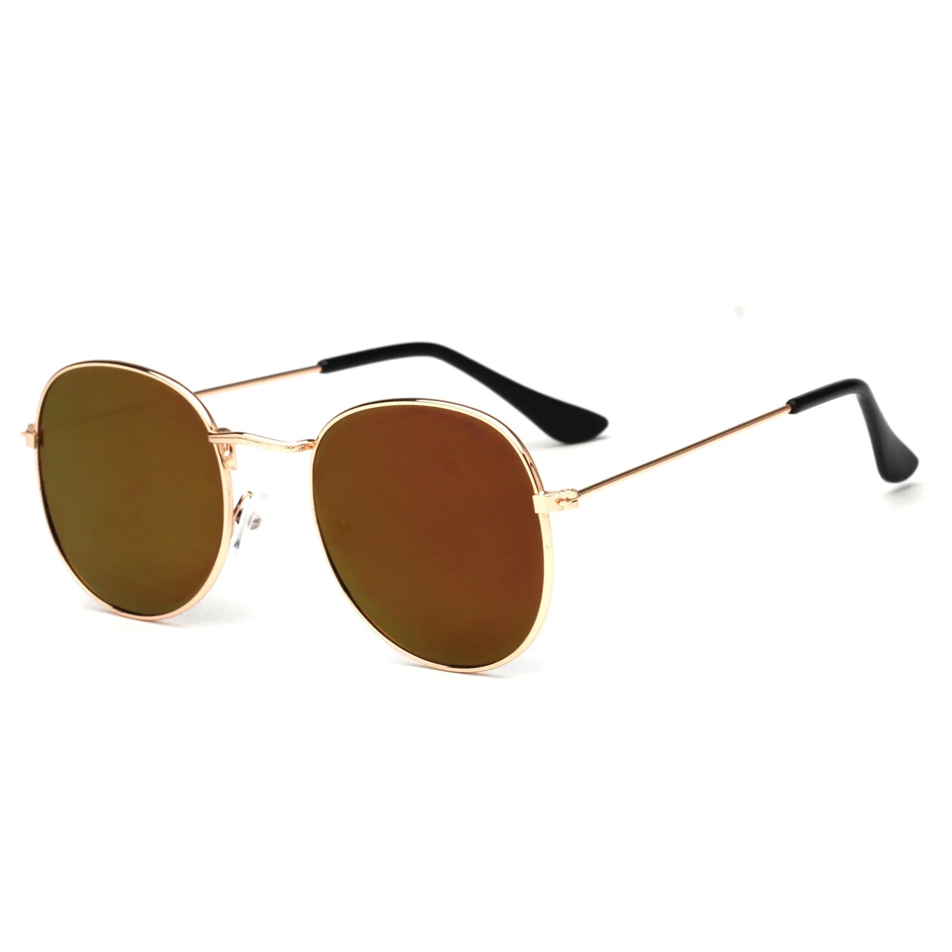 round brown lens sunglasses with gold metal frame and black tips on white background