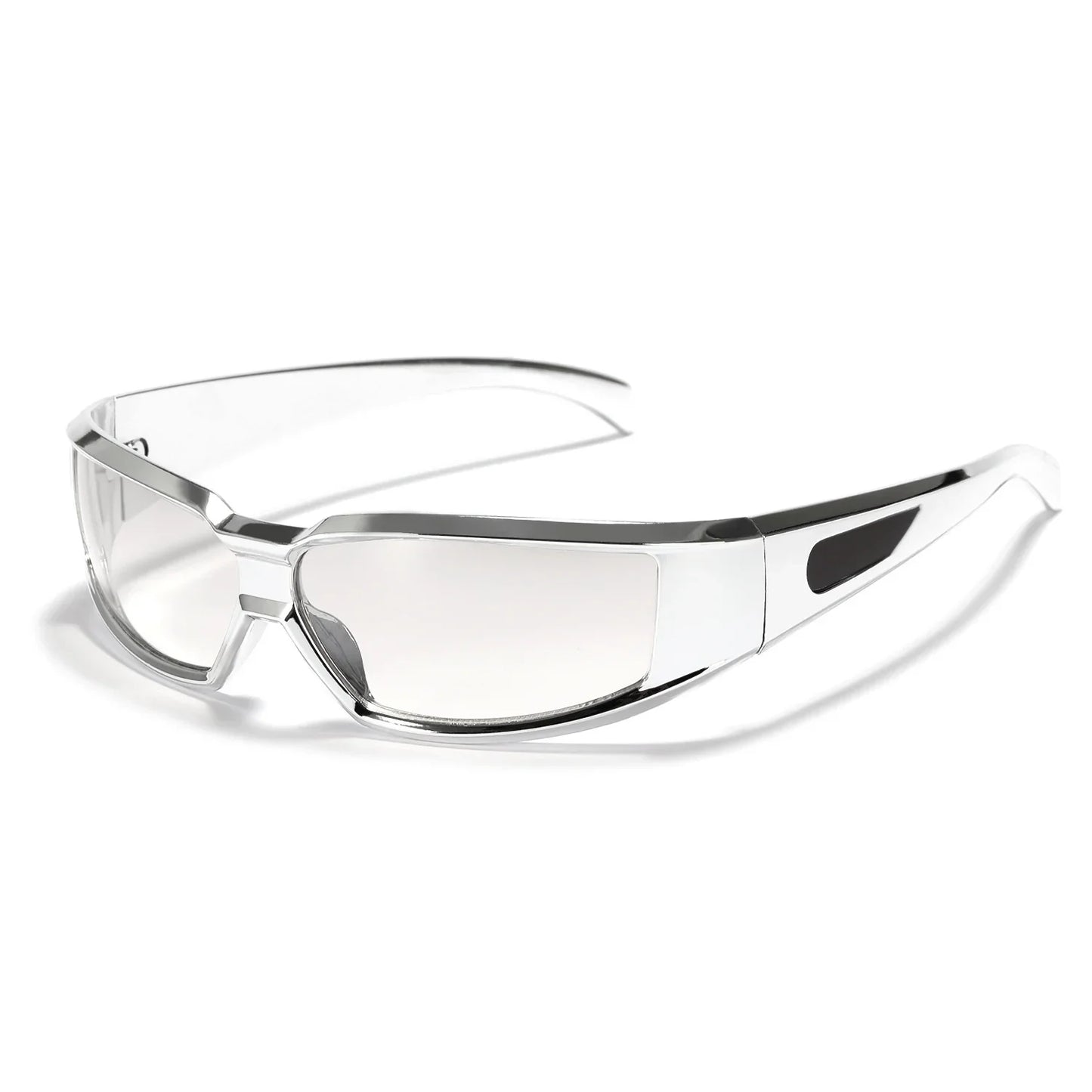 Clear safety glasses with wraparound transparent lenses and black accents on white background
