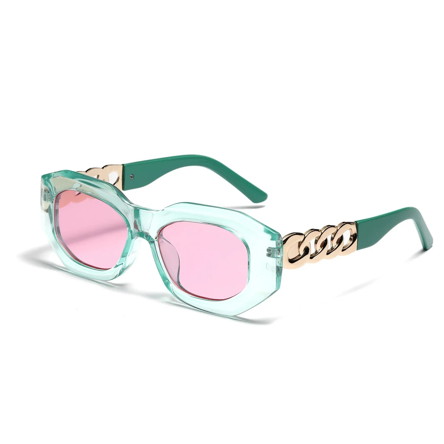 Fashion sunglasses with mint green transparent frame, pink lenses, and gold chain accents