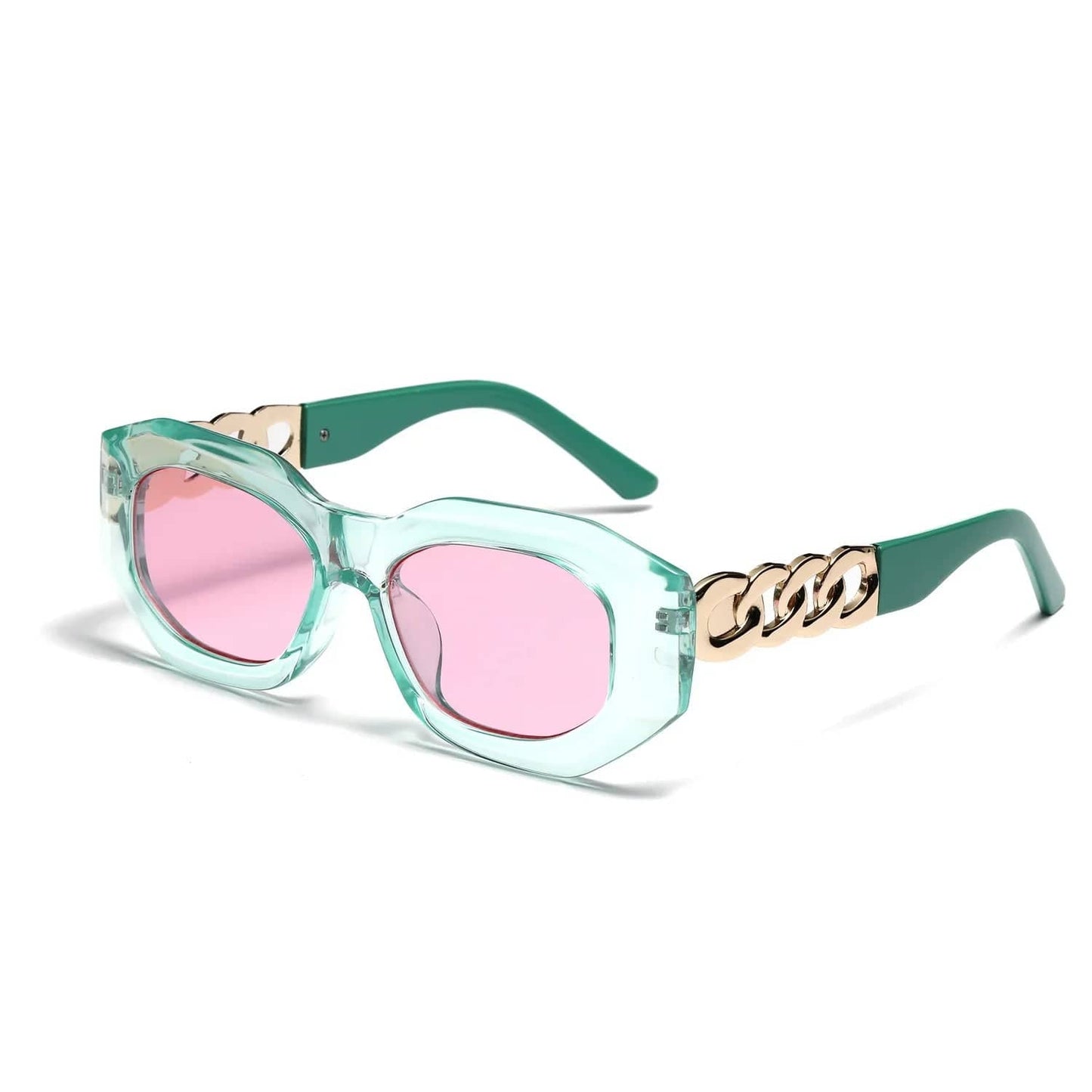 Fashion sunglasses with mint green transparent frame, pink lenses, and gold chain accents