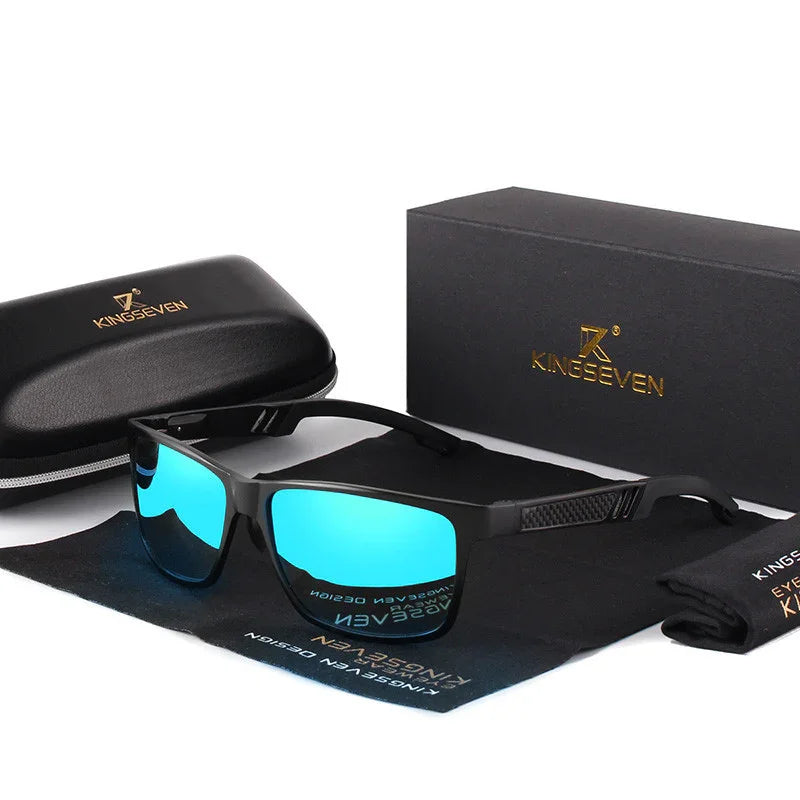 Black polarized sunglasses with blue reflective lenses, black protective case, and cleaning cloth on white background