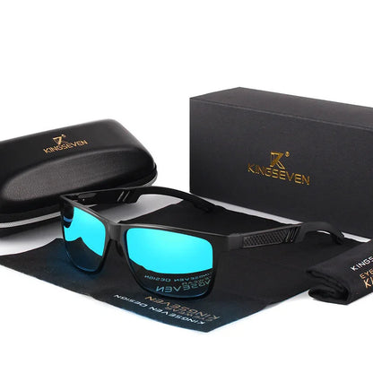 Black polarized sunglasses with blue reflective lenses, black protective case, and cleaning cloth on white background