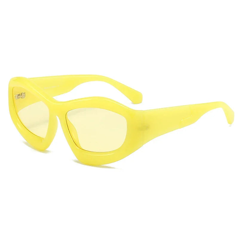 Yellow cat eye sunglasses with wide arms and translucent yellow lenses on white background