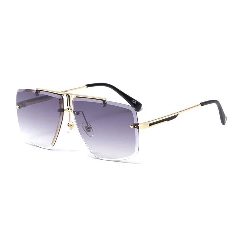 Fashion sunglasses with large square gradient purple lenses and gold metal frames with black temple tips