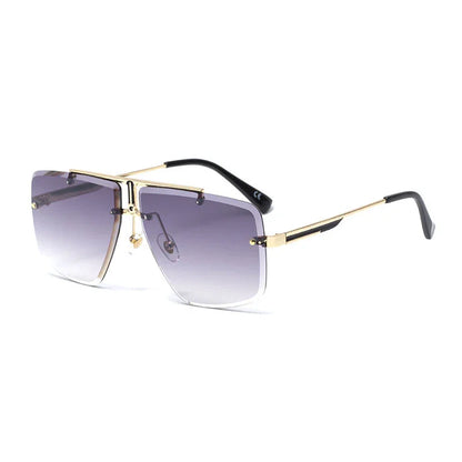 Fashion sunglasses with large square gradient purple lenses and gold metal frames with black temple tips
