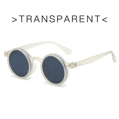Round sunglasses with transparent frames and dark blue lenses on white background