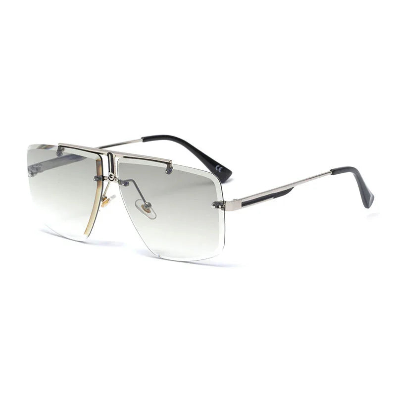 Modern square frameless sunglasses with gradient gray lenses and thin silver metal temples