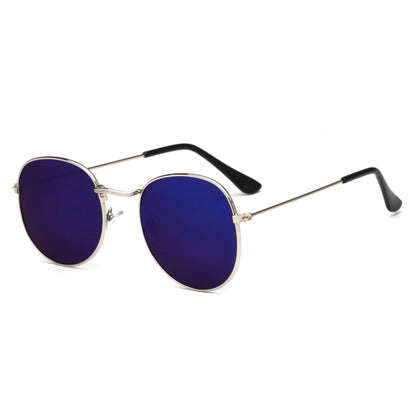 Round sunglasses with blue mirrored lenses and thin silver metal frame on white background