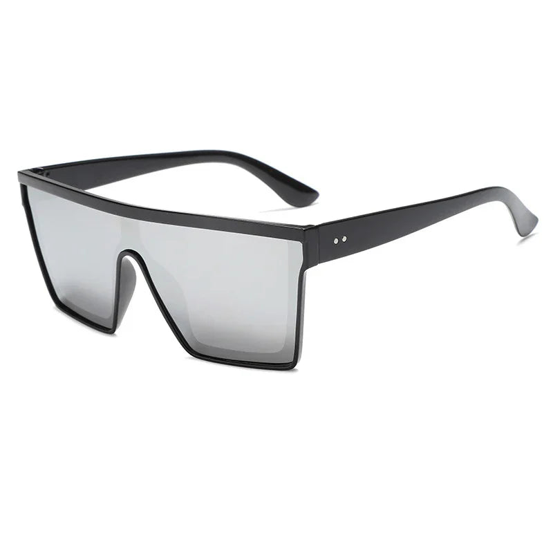 Black oversized shield sunglasses with flat top and mirrored lenses on white background