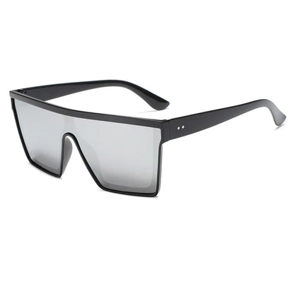 Black oversized shield sunglasses with flat top and mirrored lenses on white background