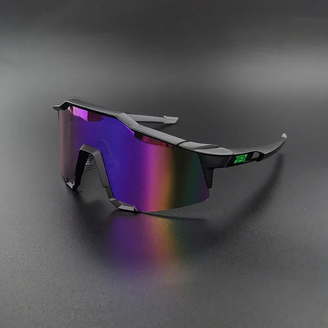 Futuristic sports sunglasses with rainbow mirrored lens on black background