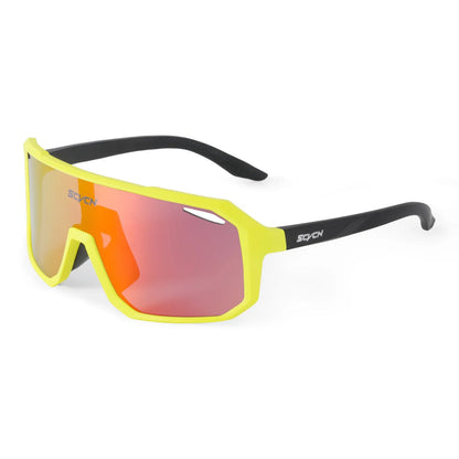 Yellow frame sports sunglasses with reflective orange-red shield lens and black arms