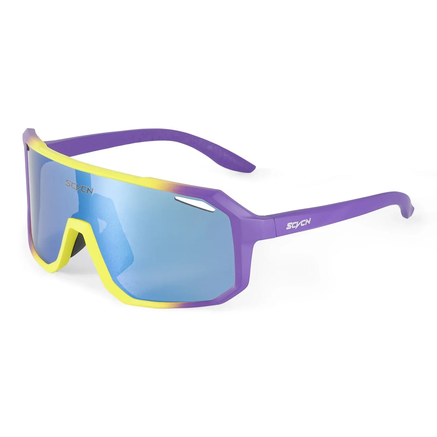Sporty purple and yellow sunglasses with large blue mirrored lenses and aerodynamic frame