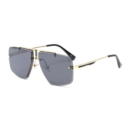 Square-shaped sunglasses with dark gray lenses and thin gold metal frame with black temple tips