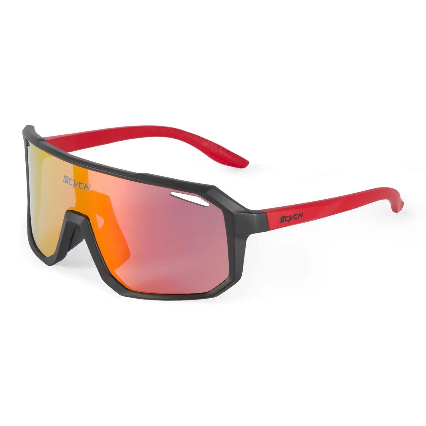 Sports sunglasses with red mirrored lens, black frame, and red arms designed for outdoor activities