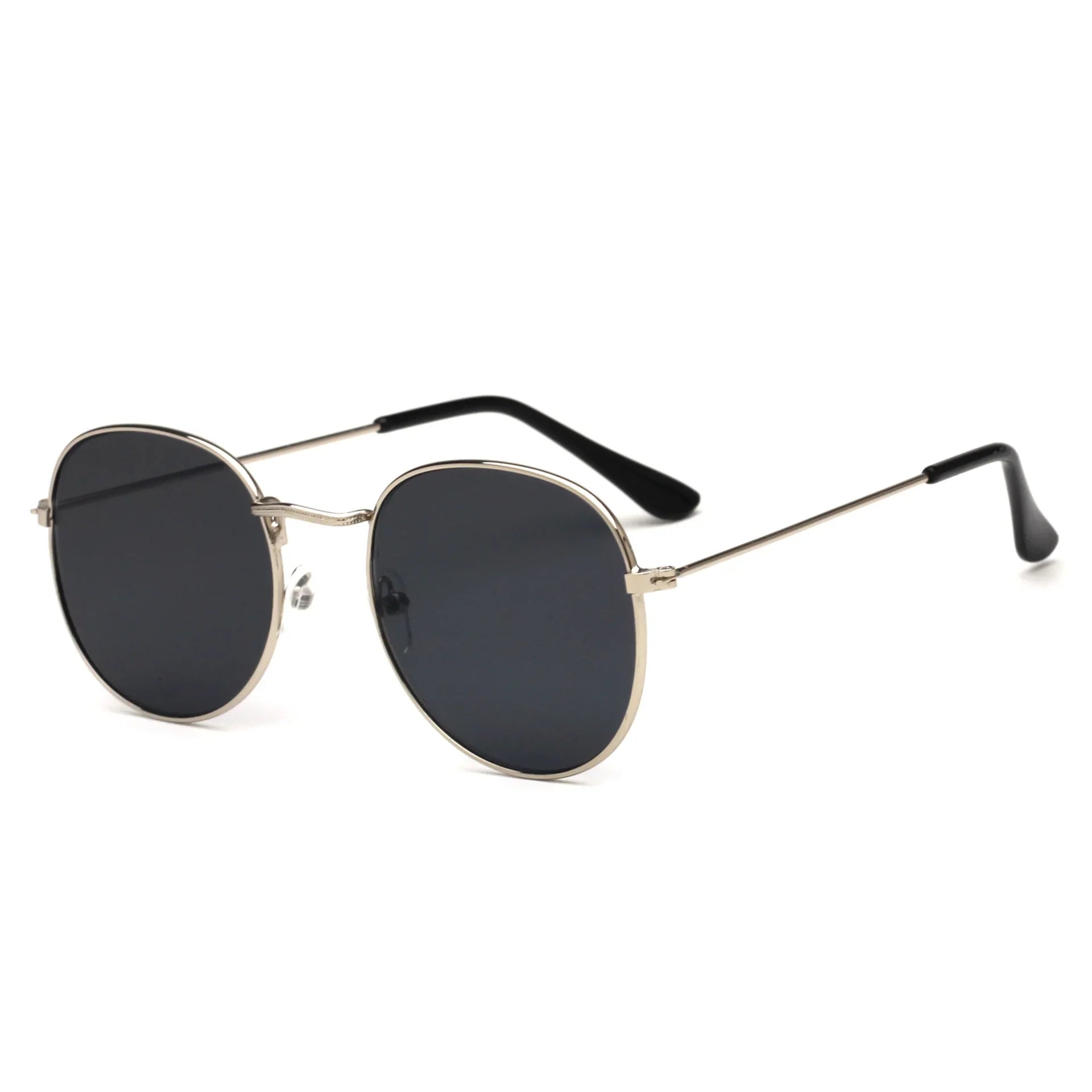 Round metal frame sunglasses with dark lenses and thin arms against white background