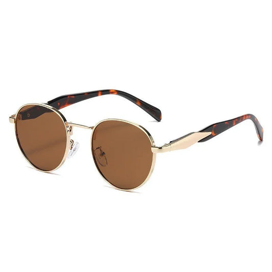 Round brown lens sunglasses with gold metal frame and tortoiseshell patterned arms