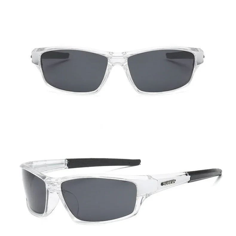 Rectangular clear frame sunglasses with dark tinted lenses and black temple tips shown front and angled view