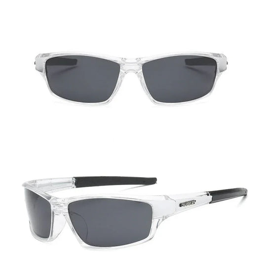 Rectangular clear frame sunglasses with dark tinted lenses and black temple tips shown front and angled view