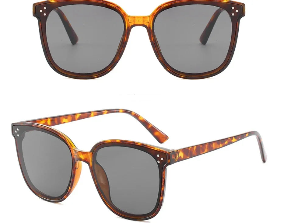 Tortoiseshell square frame sunglasses with dark gray lenses, shown from front and side views