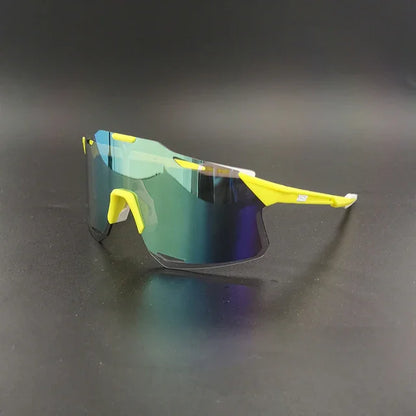 Yellow frame sports sunglasses with blue reflective lens on black background
