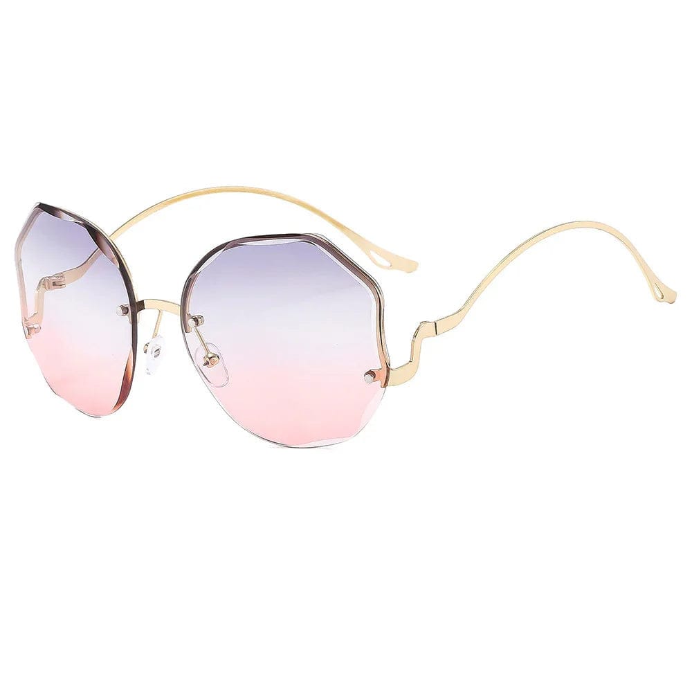 Oval gradient sunglasses with gold thin metal frames and pink to purple lenses