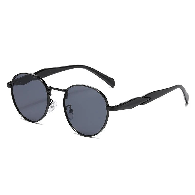Round black metal frame sunglasses with dark polarized lenses on white background