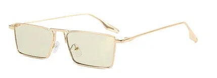 Rectangular gold metal frame sunglasses with light-tinted lenses and thin temples