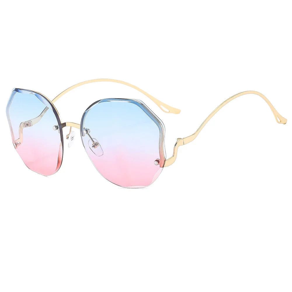 Fashionable octagonal sunglasses with gradient blue to pink lenses and gold metal frames